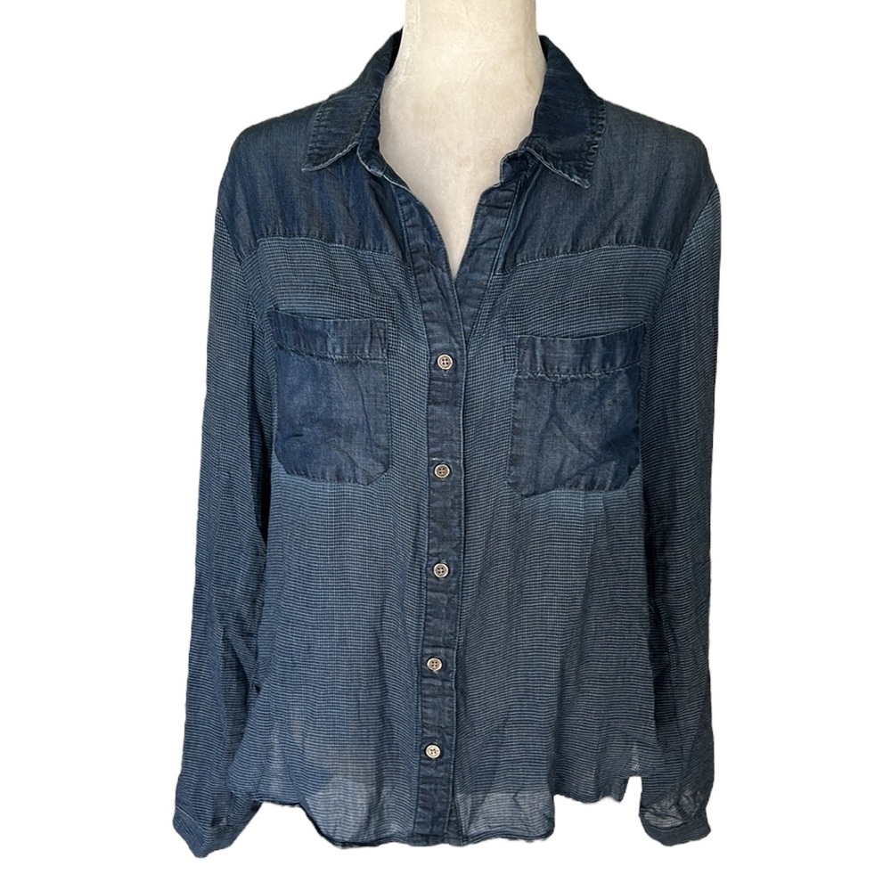 Anthro Cloth & Stone Chambray Check Denim Jean Oversized Button Down Shirt - M